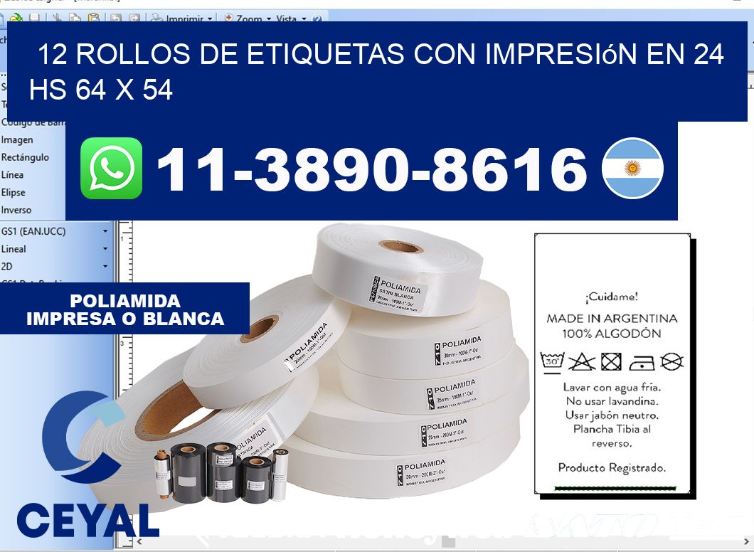12 rollos de etiquetas con impresión en 24 hs 64 x 54