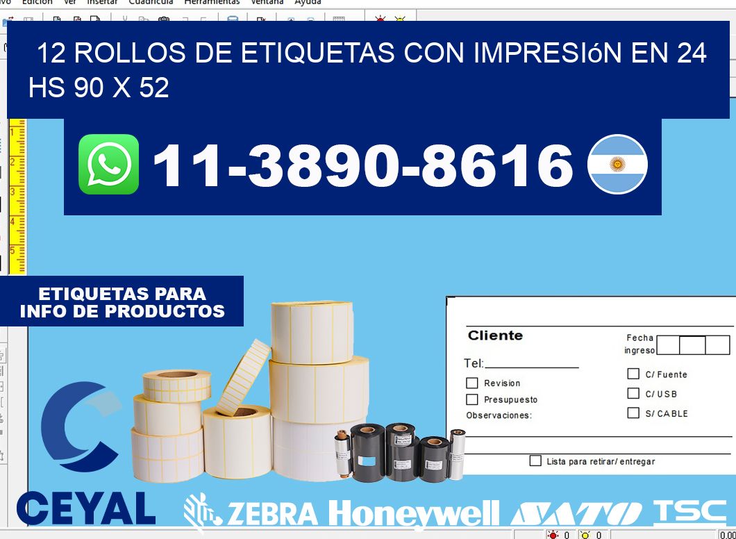 12 rollos de etiquetas con impresión en 24 hs 90 x 52