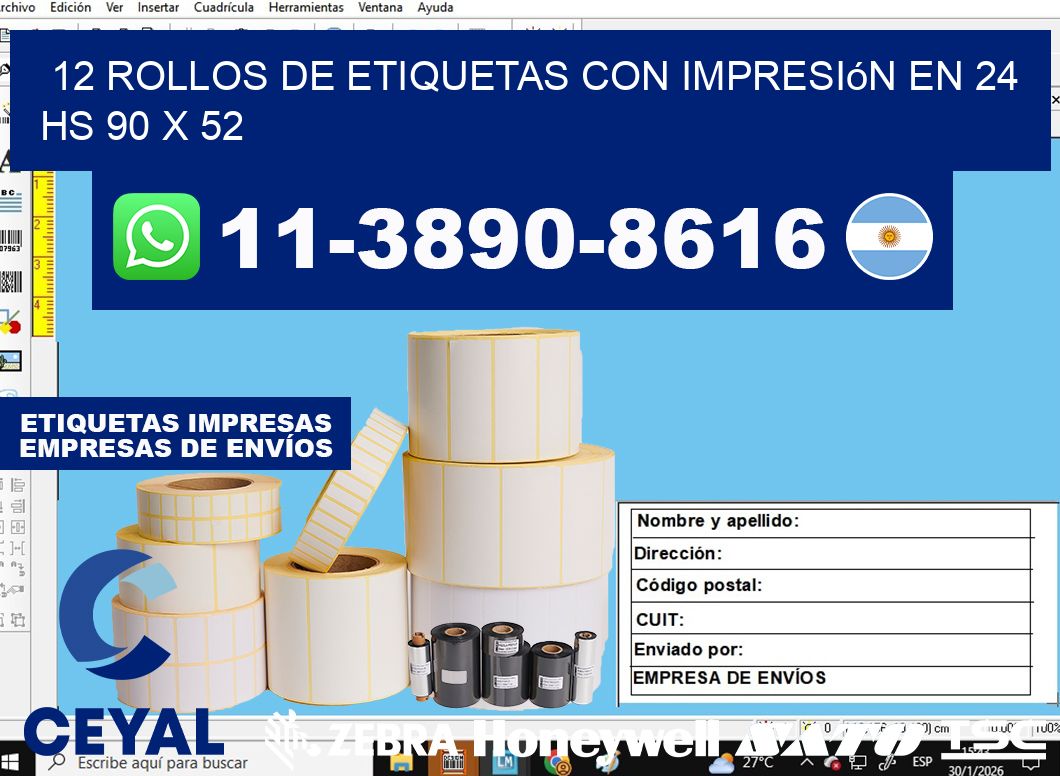 12 rollos de etiquetas con impresión en 24 hs 90 x 52