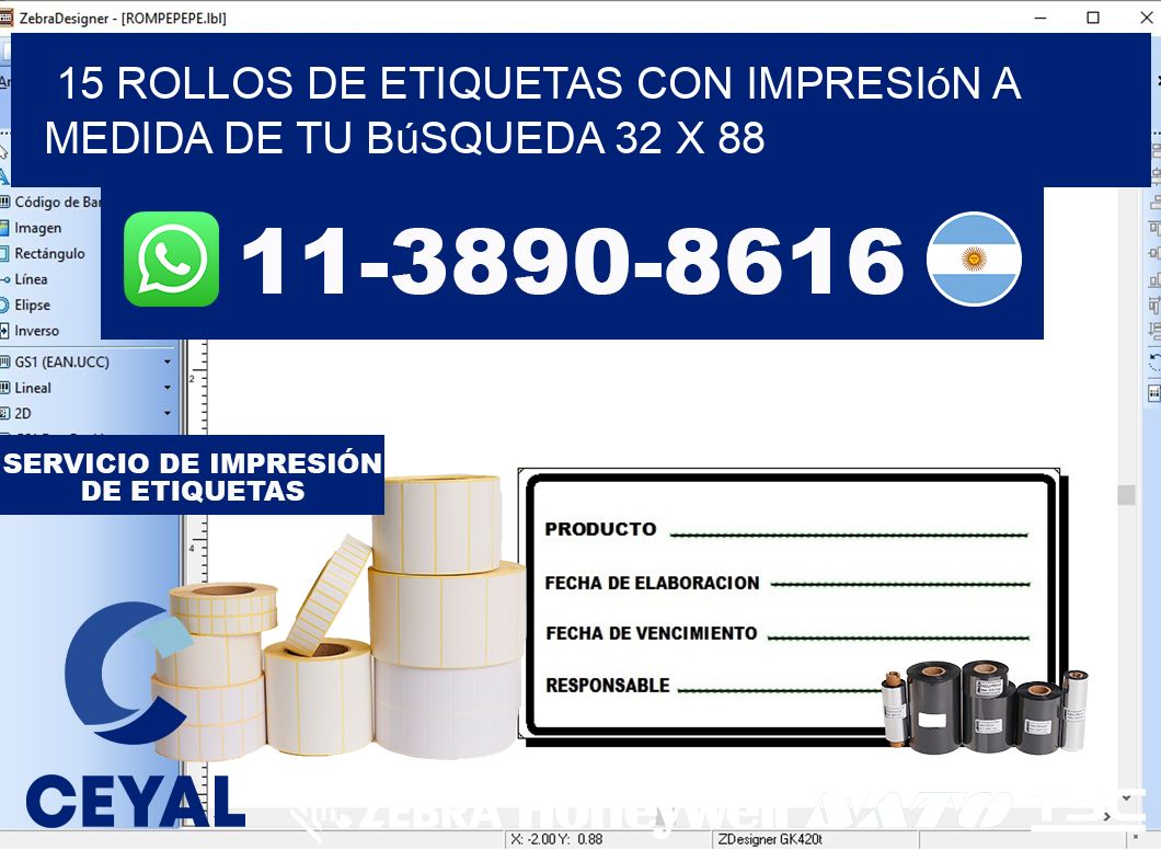 15 rollos de etiquetas con impresión a medida de tu búsqueda 32 x 88