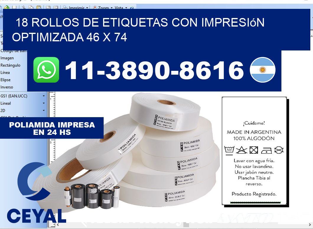 18 rollos de etiquetas con impresión optimizada 46 x 74