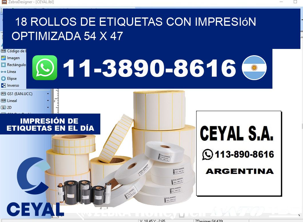 18 rollos de etiquetas con impresión optimizada 54 x 47