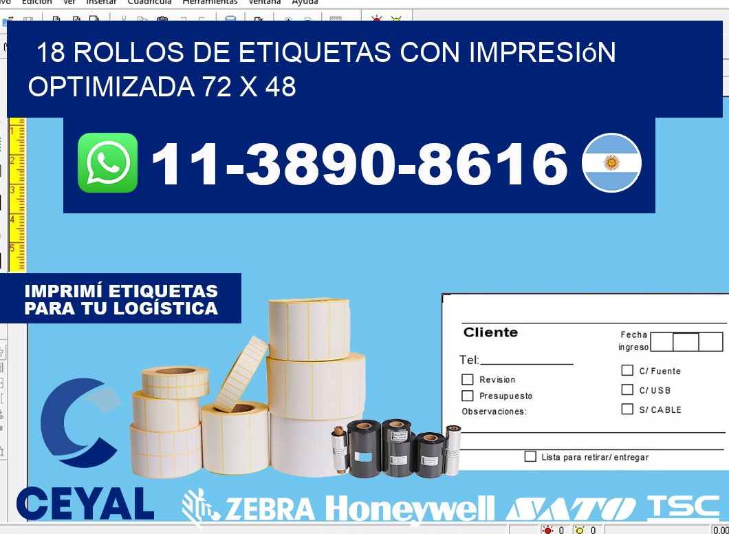 18 rollos de etiquetas con impresión optimizada 72 x 48