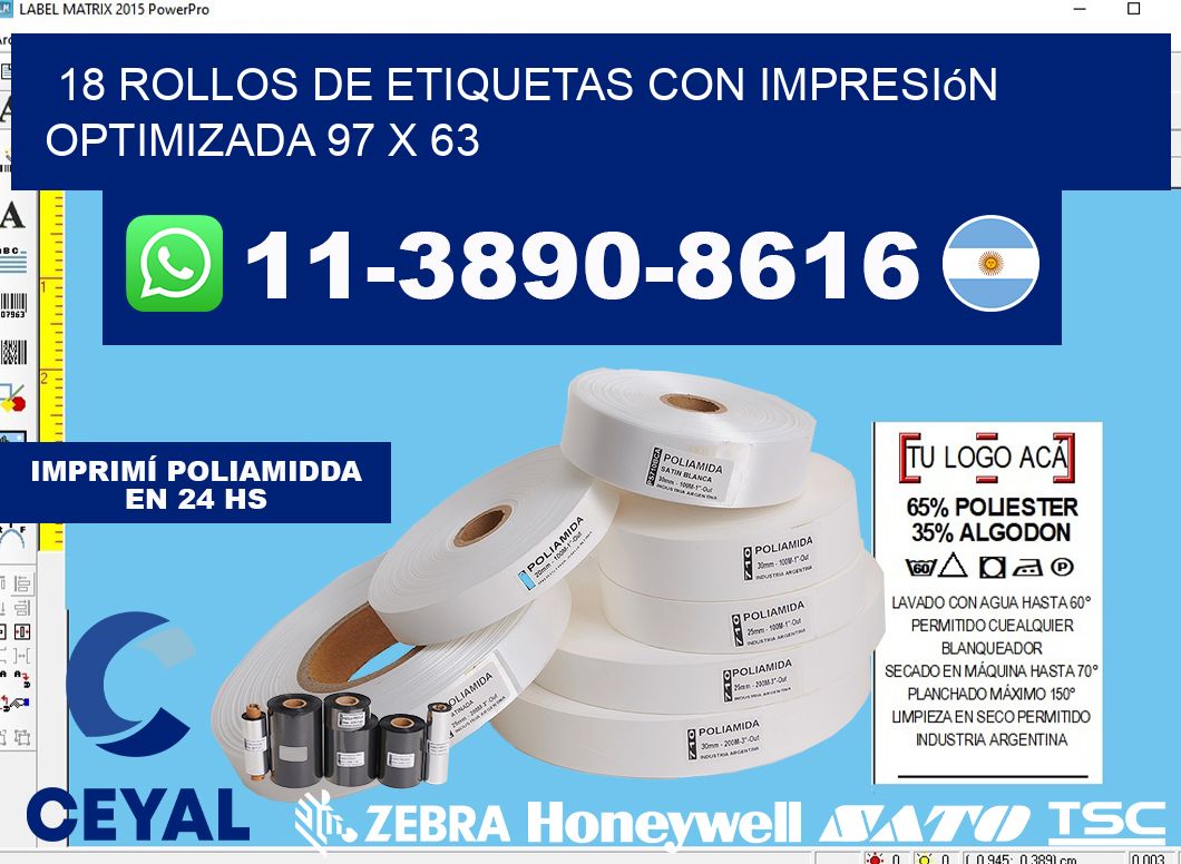 18 rollos de etiquetas con impresión optimizada 97 x 63