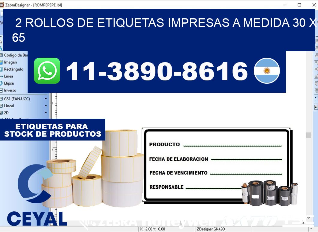 2 rollos de etiquetas impresas a medida 30 x 65