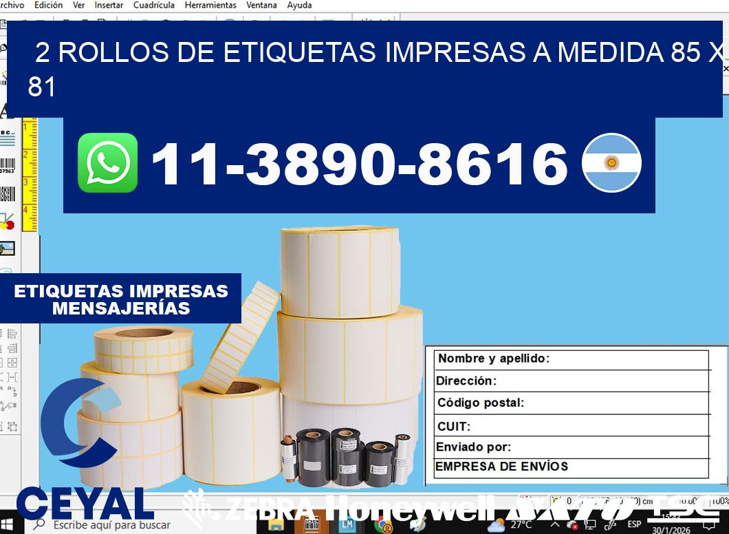 2 rollos de etiquetas impresas a medida 85 x 81