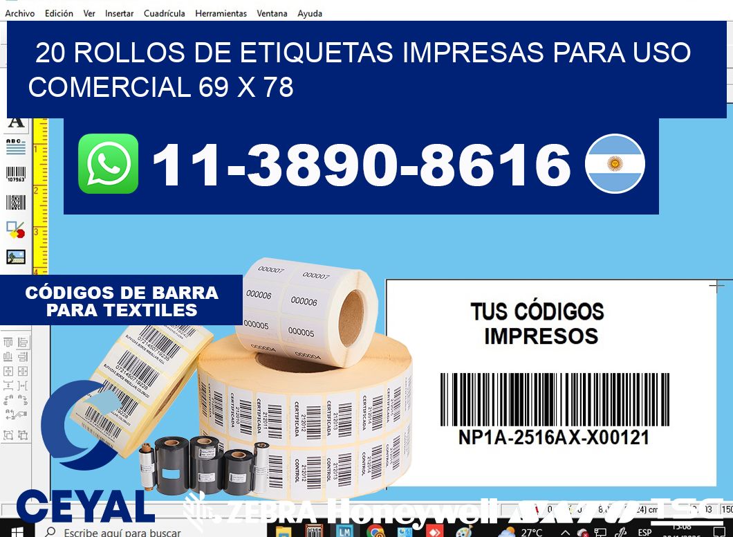 20 rollos de etiquetas impresas para uso comercial 69 x 78