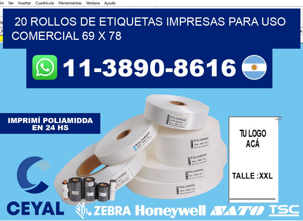 20 rollos de etiquetas impresas para uso comercial 69 x 78