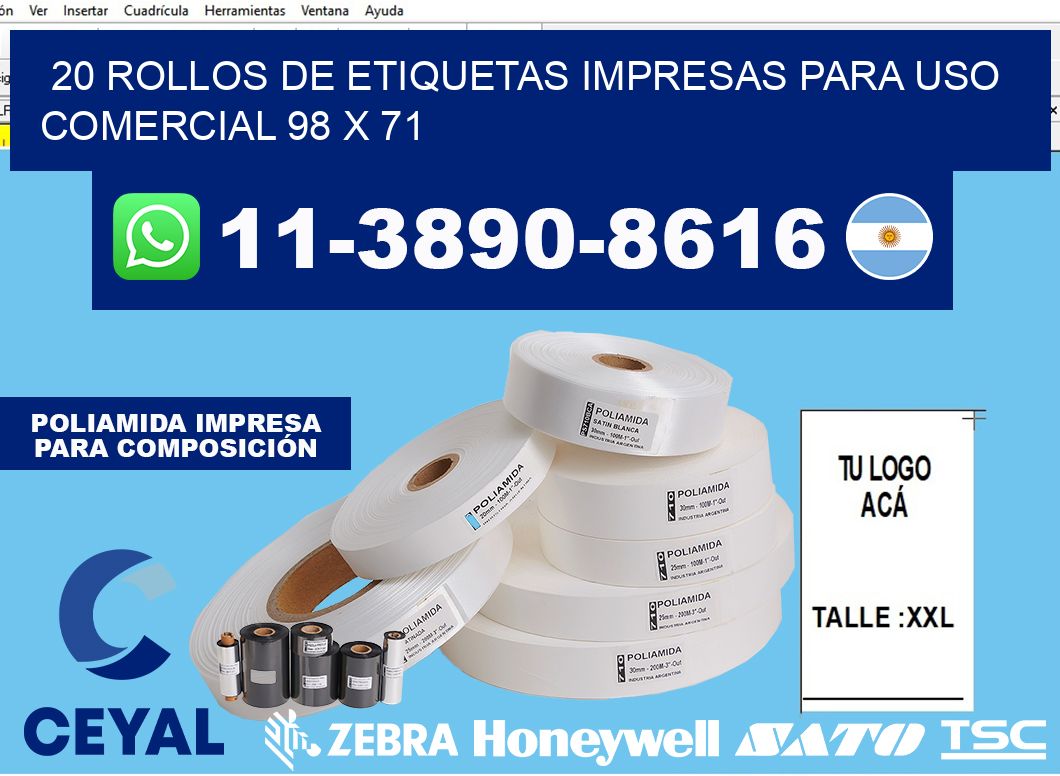 20 rollos de etiquetas impresas para uso comercial 98 x 71