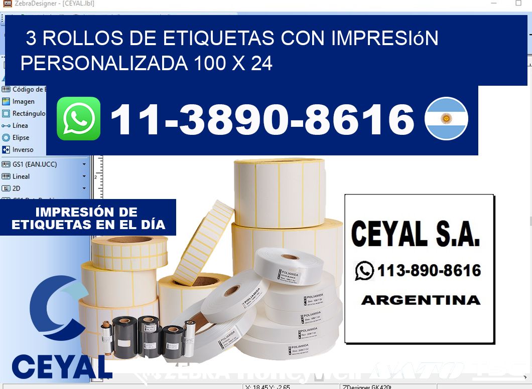 3 rollos de etiquetas con impresión personalizada 100 x 24