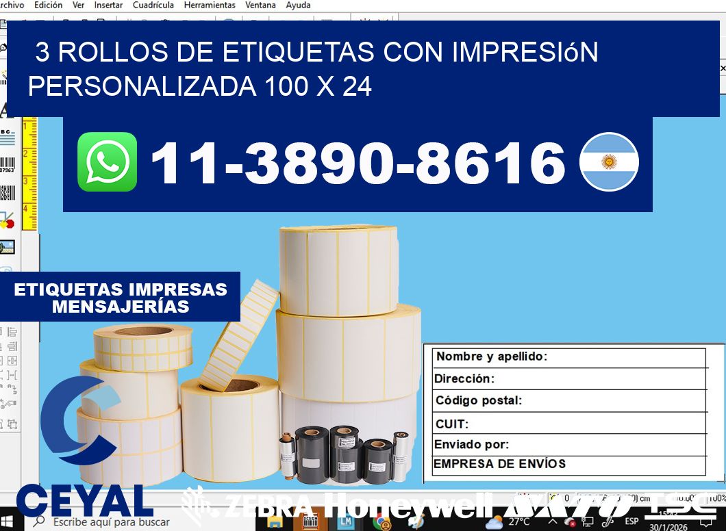 3 rollos de etiquetas con impresión personalizada 100 x 24