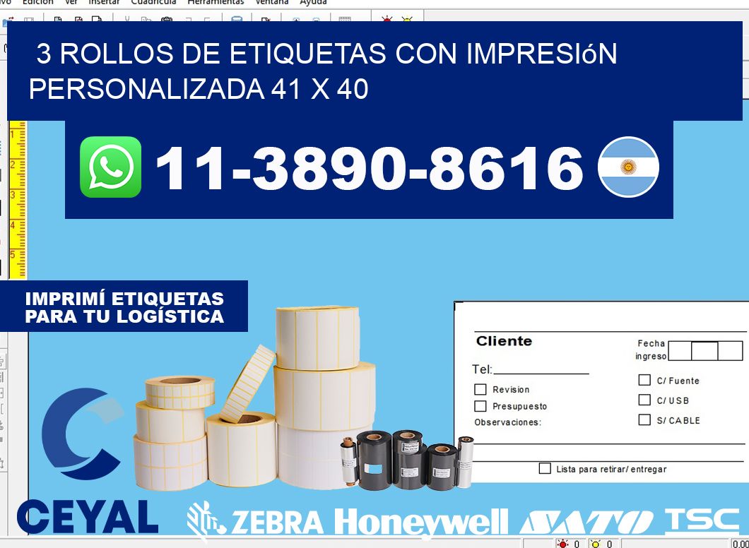 3 rollos de etiquetas con impresión personalizada 41 x 40