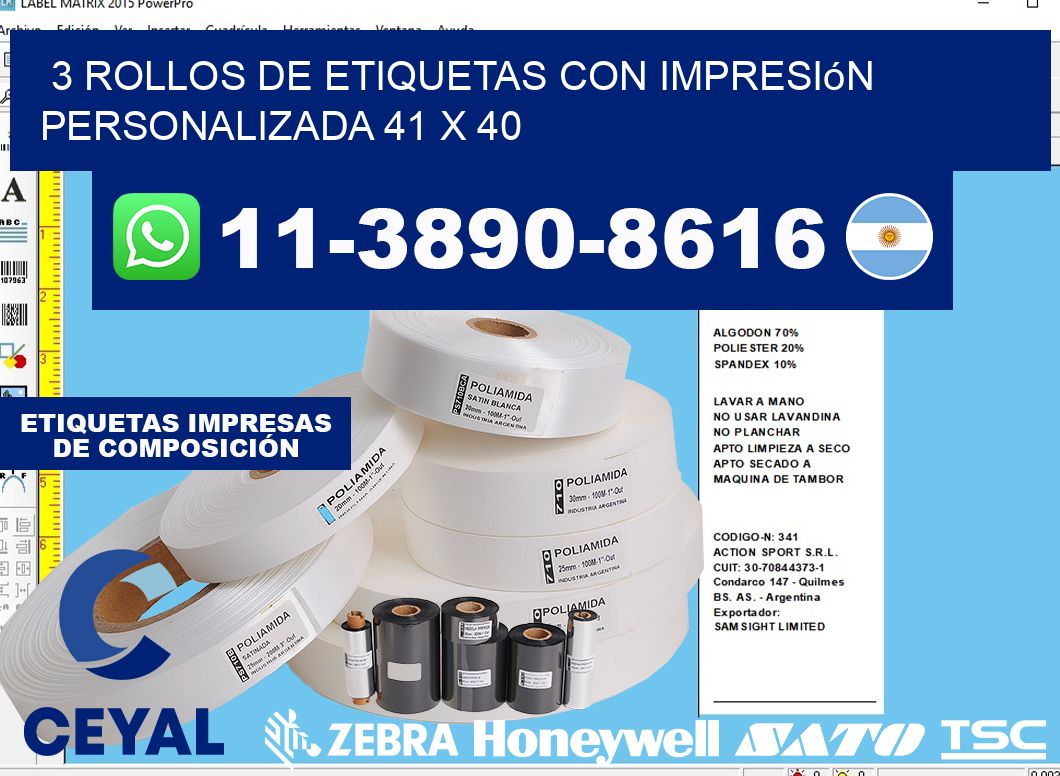 3 rollos de etiquetas con impresión personalizada 41 x 40