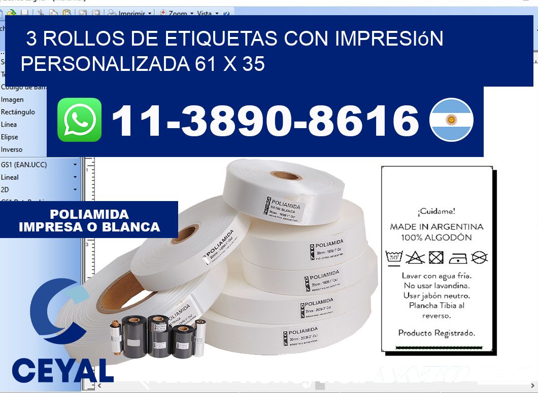3 rollos de etiquetas con impresión personalizada 61 x 35