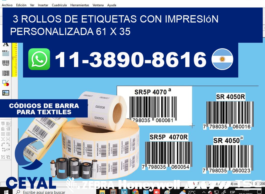 3 rollos de etiquetas con impresión personalizada 61 x 35