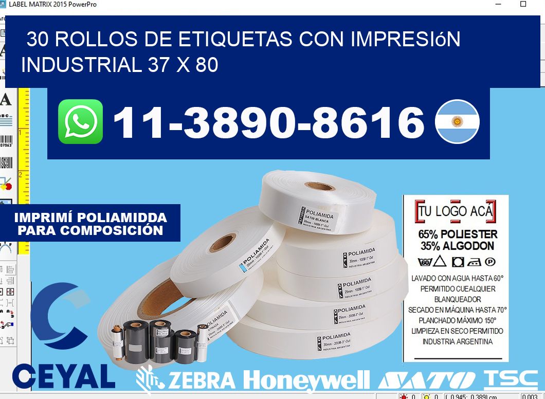 30 rollos de etiquetas con impresión industrial 37 x 80