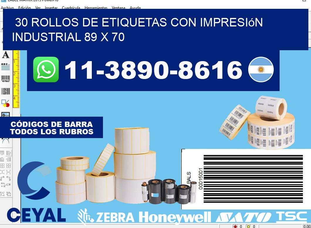 30 rollos de etiquetas con impresión industrial 89 x 70