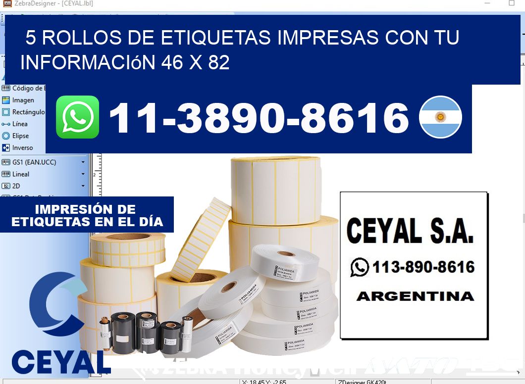 5 rollos de etiquetas impresas con tu información 46 x 82