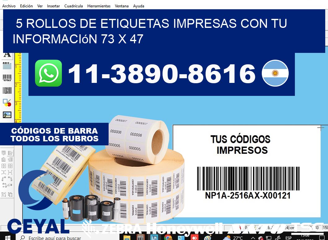 5 rollos de etiquetas impresas con tu información 73 x 47