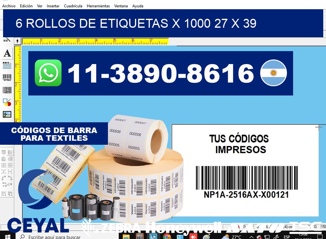6 rollos de etiquetas x 1000 27 x 39