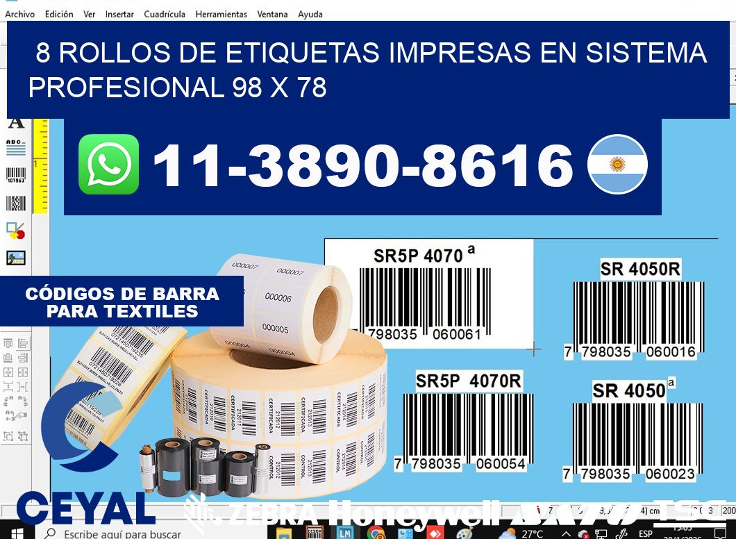 8 rollos de etiquetas impresas en sistema profesional 98 x 78