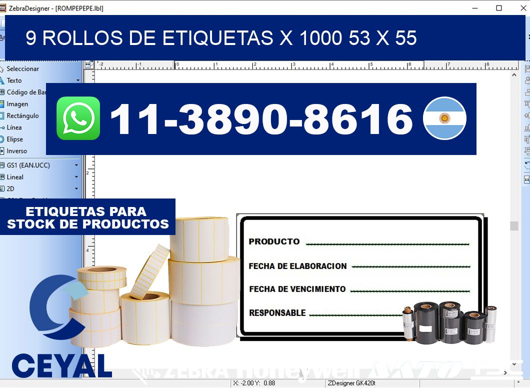 9 rollos de etiquetas x 1000 53 x 55