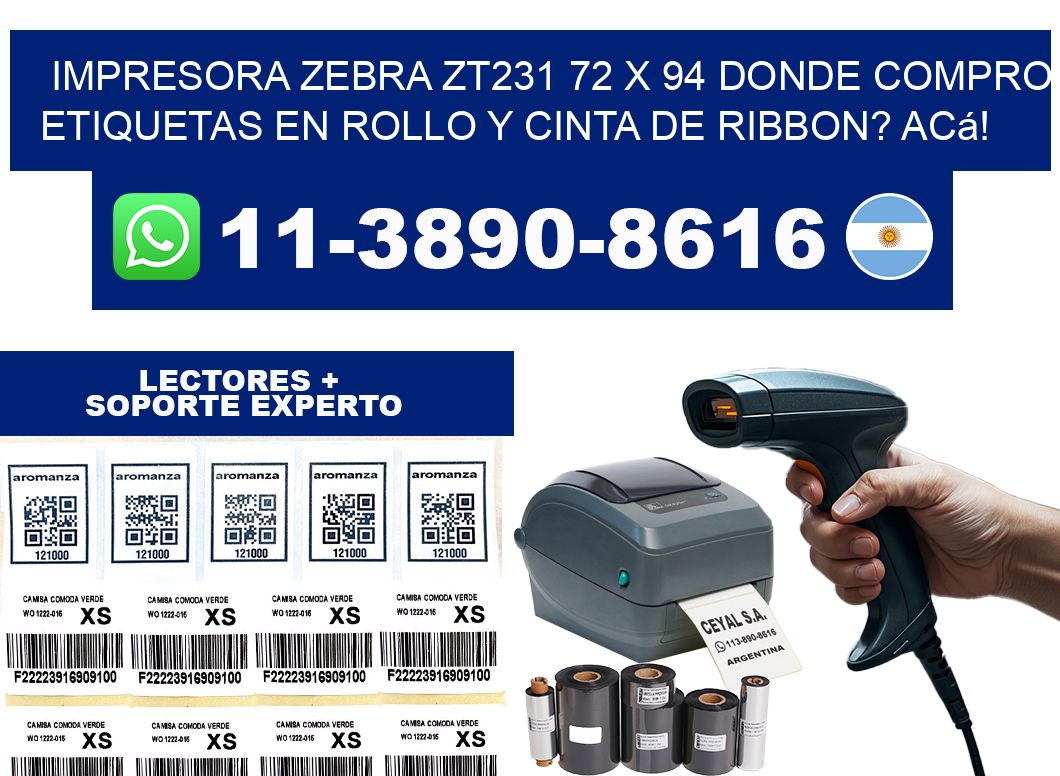 impresora zebra zt231 72 x 94 Donde compro etiquetas en rollo y cinta de ribbon? Acá!